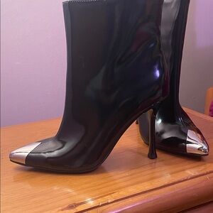 INC International Concepts Black Patent Ankle Boots with Silver Toe Cap
